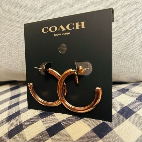 Coach Rose Gold Signature C Hoop Earrings Logo Post Backs NWT - Picture 2 of 2